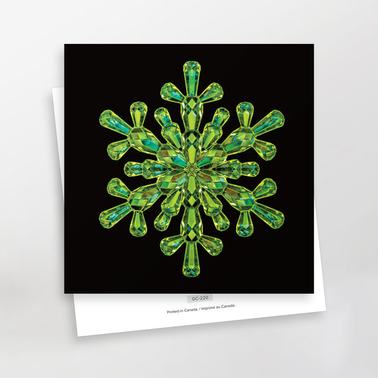 sparkles greeting card series, emerald snowflake on black background gc-220 by carmen grenier