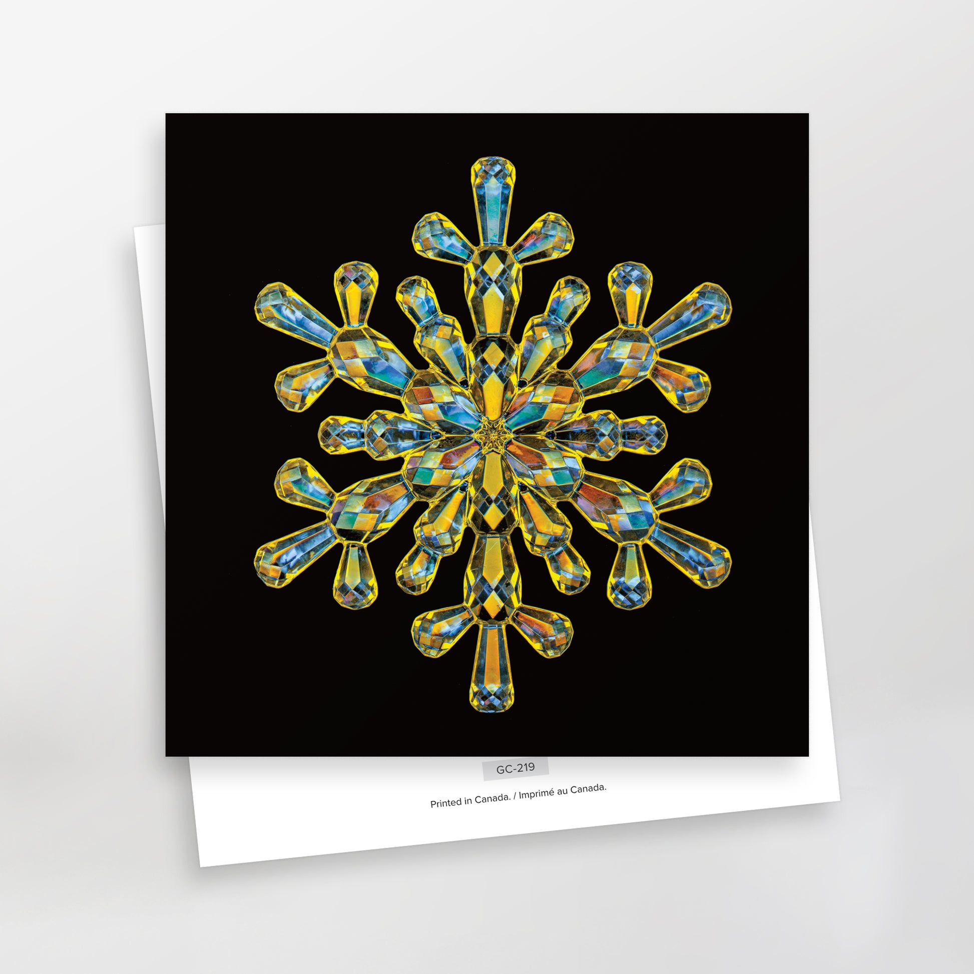 jewel from sparkles, multicolour snowflake on black background greeting card gc-219 by carmen grenier 