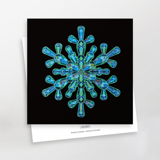 sparkles greeting card series, sapphire snowflake on black background gc-222 by carmen grenier