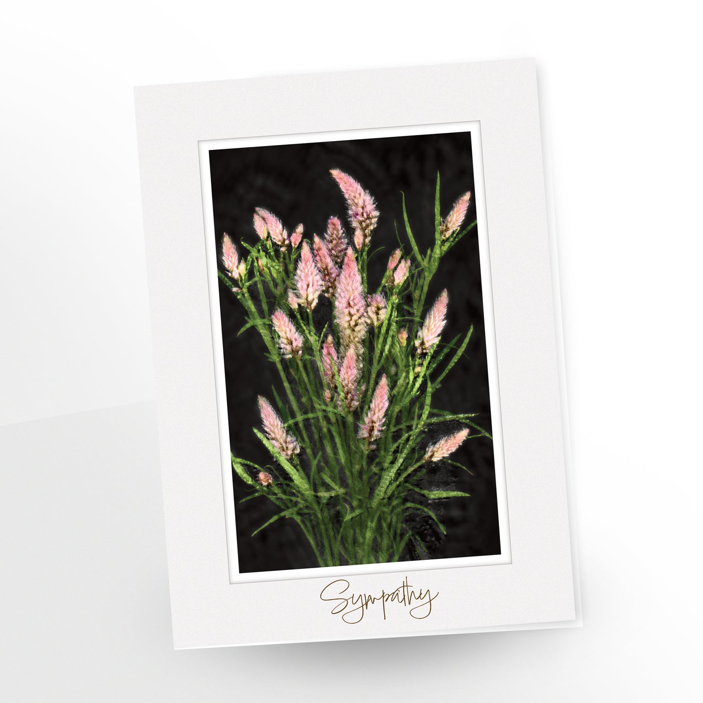 greeting card, sympathy, 5x7 inches, pink florals on a dark background, light grey frame, gc158, English