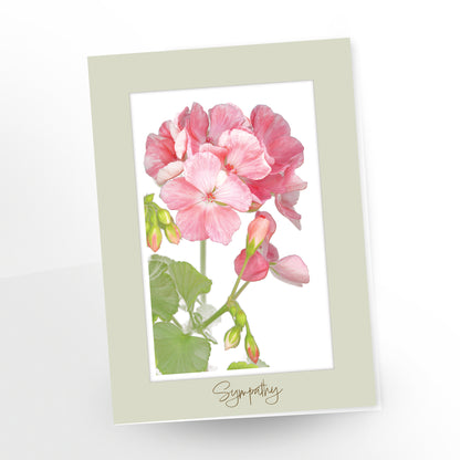 greeting card, sympathy, gc210, pink geranium, blank inside, sage-coloured border