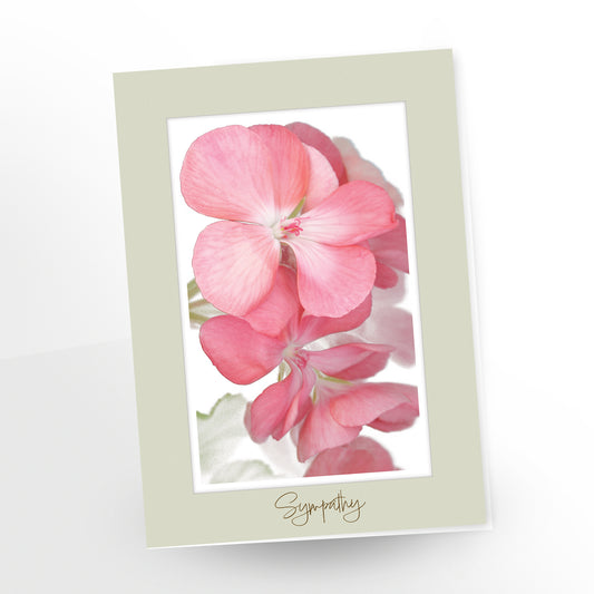 greeting card, sympathy, gc211, pink geranium, blank inside, sage-coloured border