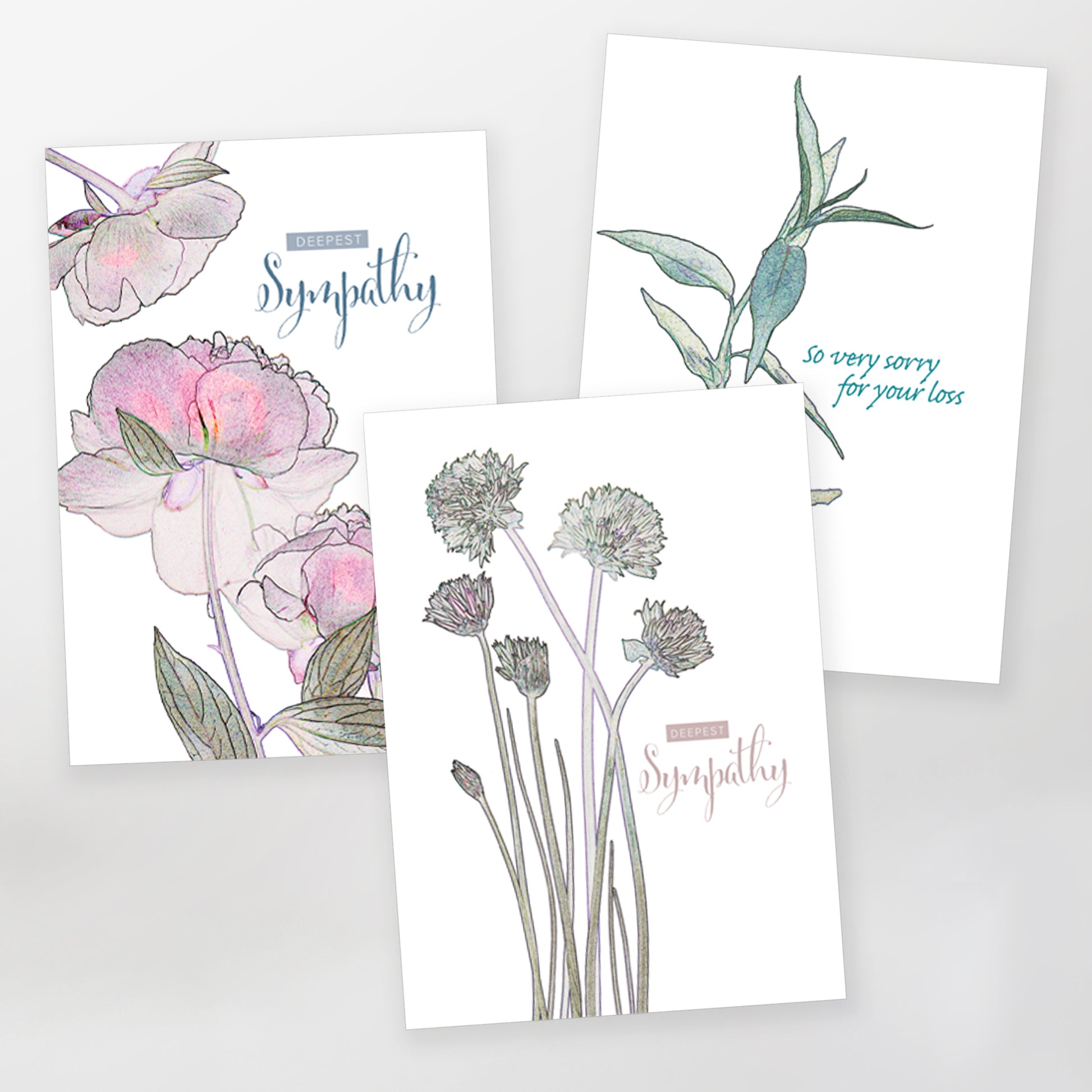 greeting cards, set of 3, gc148,gc110, gc147, french, carmengrenier.com, series 2 sympathy, english ,