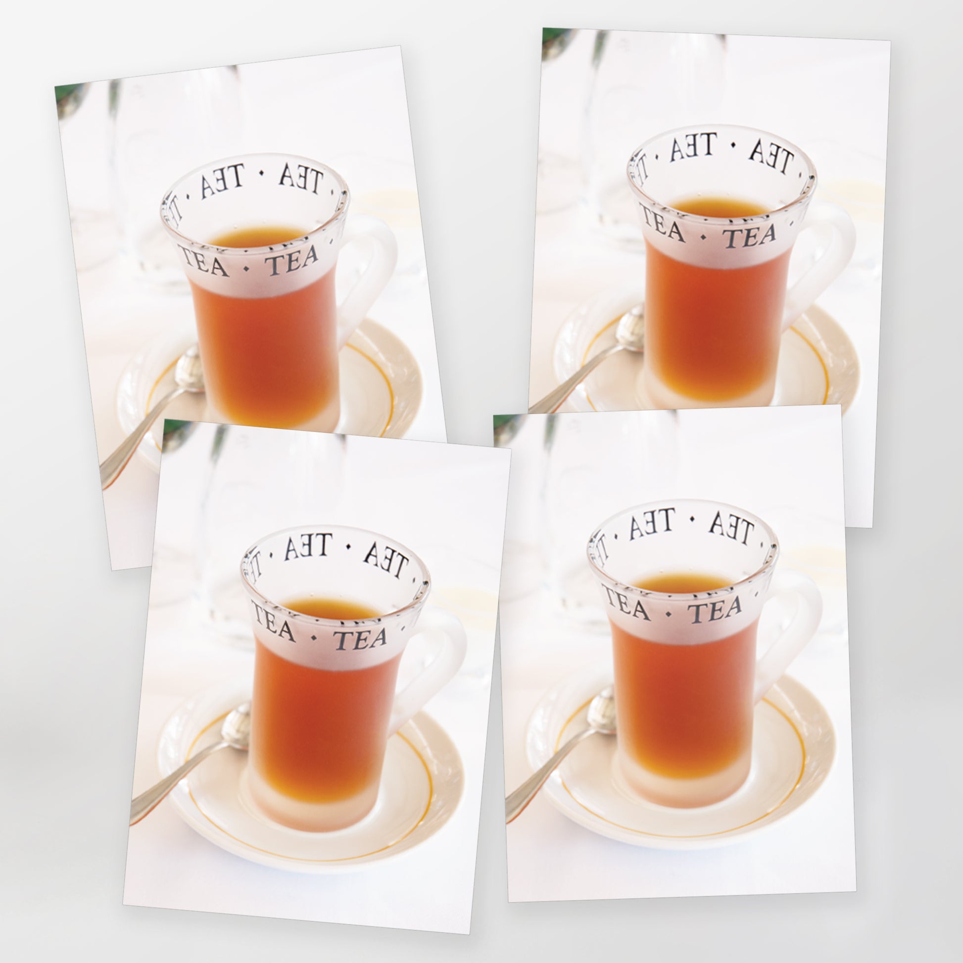 Set of 4 Tea Time greeting card, clear glass cup on white background, gc-109, carmengrenier.com 