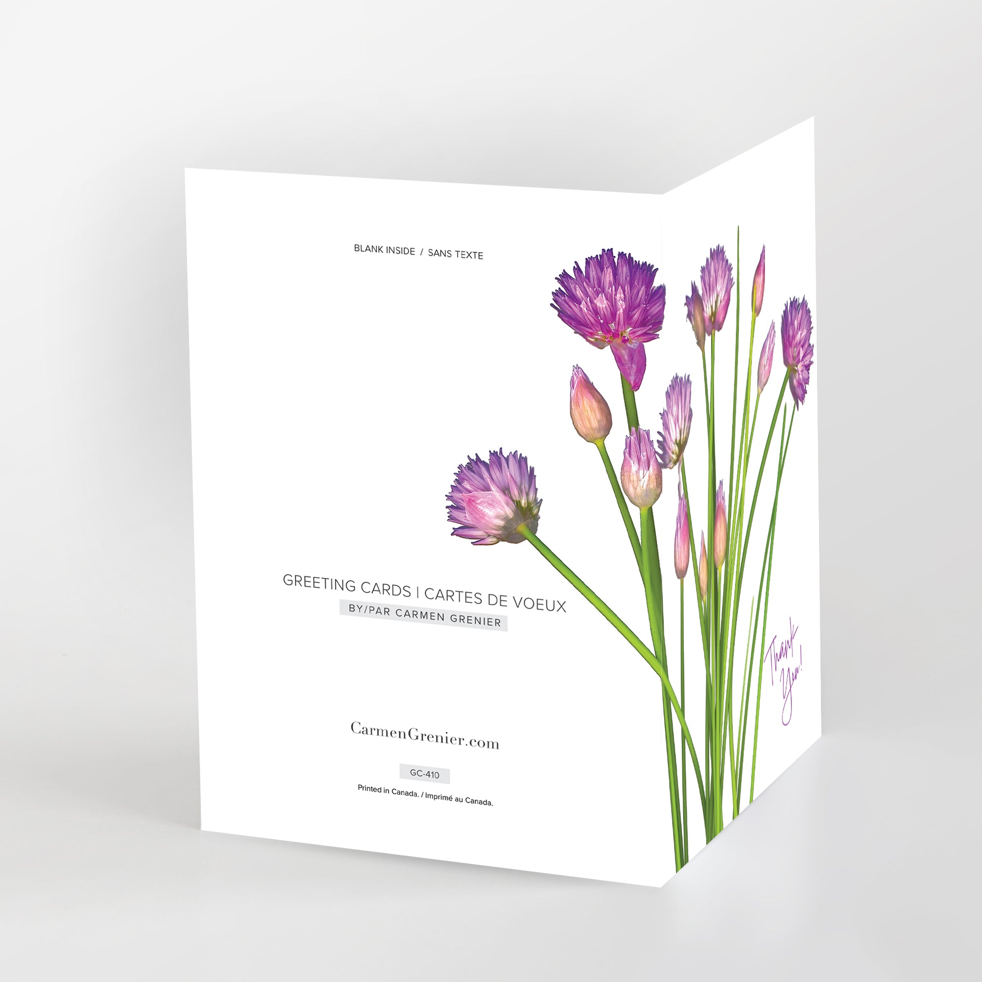 blank art greeting card, 5x7 inches, english, thank you, bouquet of chives in bloom, gc-410, carmengrenier.com