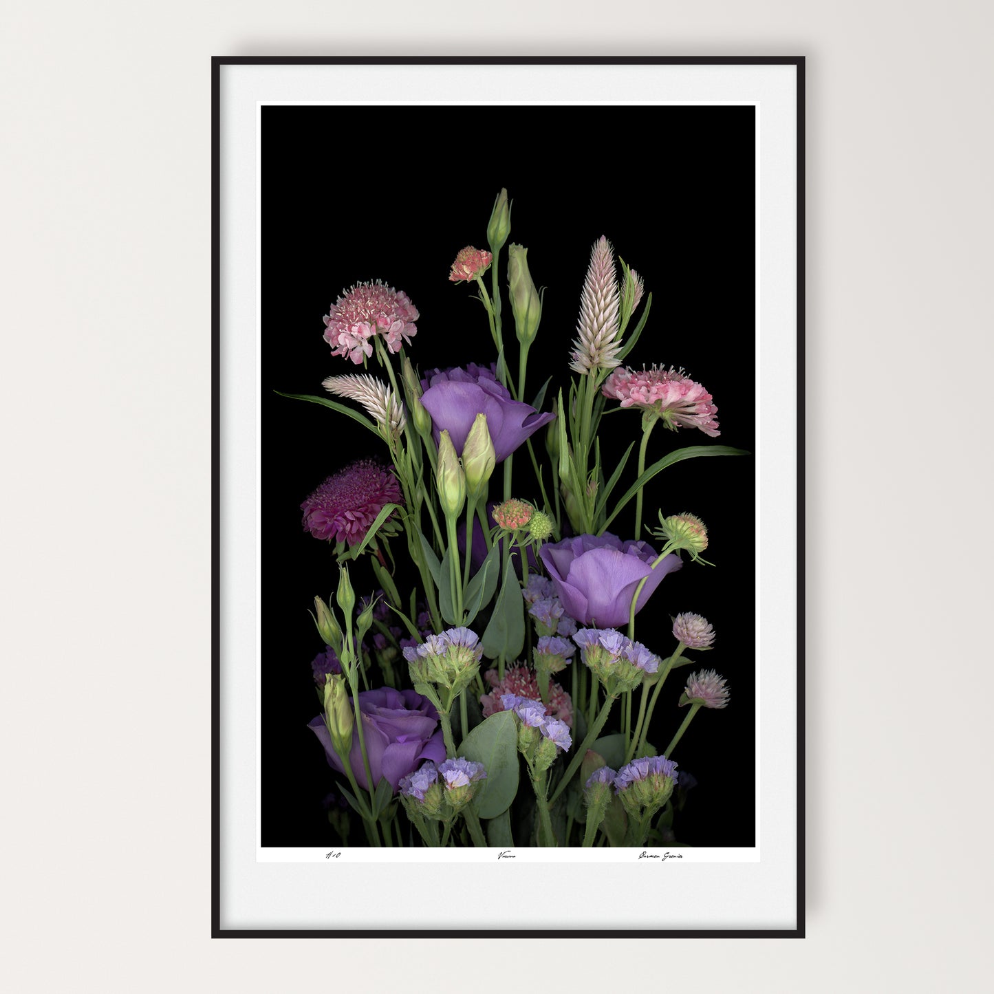 bouquet of amaranth, blue bells, tulip gentian, wavyleaf sea lavender and morningbride flowers on a black background, 24x36 inches limited edition print, sku: led-703-varuna