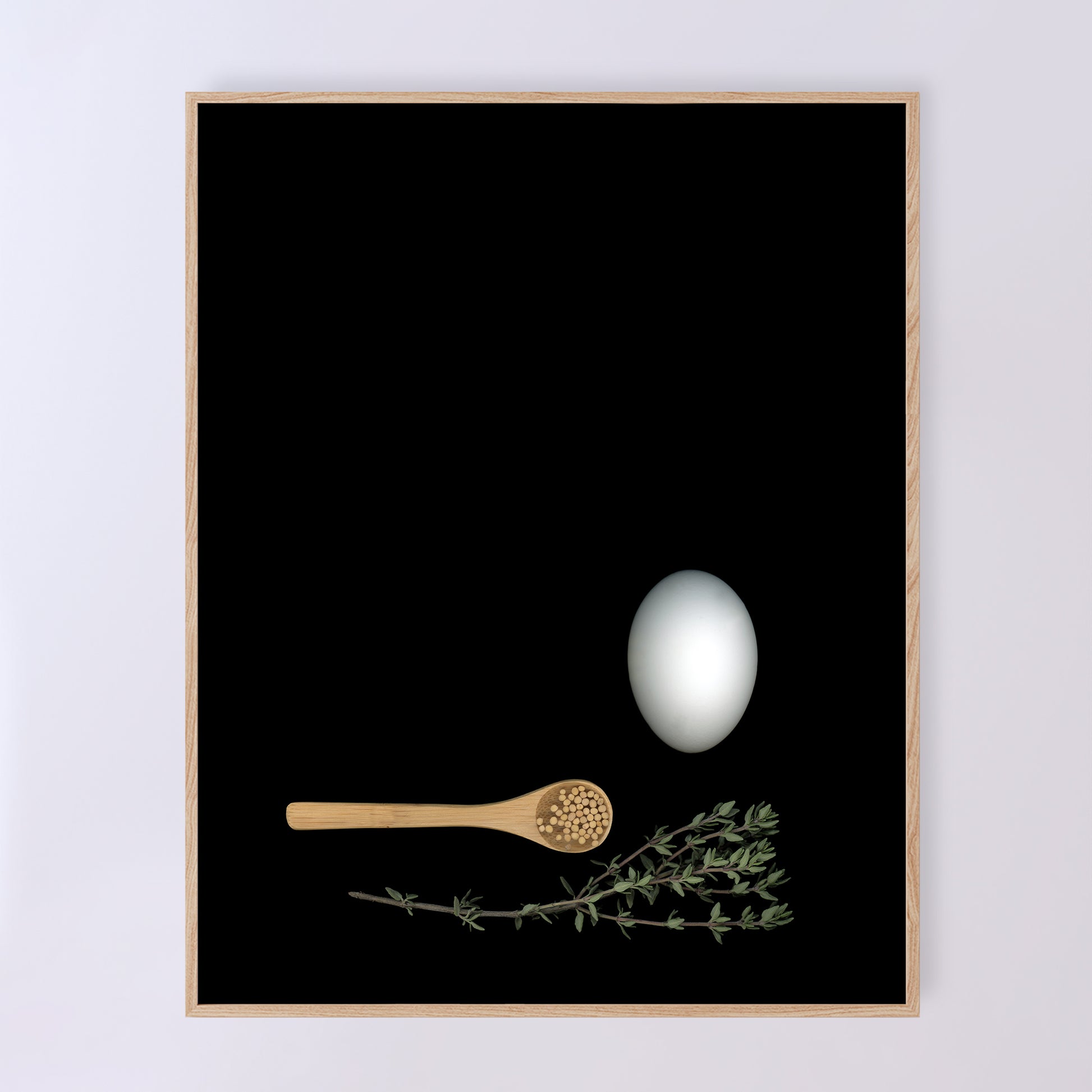 Mayonnaise - An egg with a wooden spoon with mustard seeds and a fresh thyme spring on a black background, 11x14 inches prints, OE-352-2, by CarmenGrenier.com