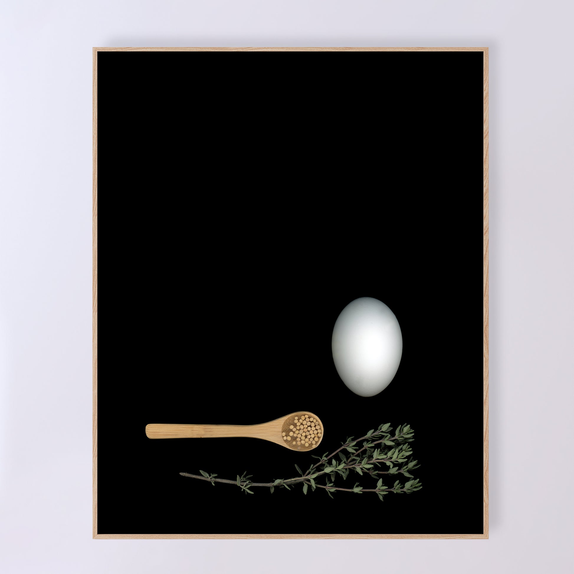 Mayonnaise - An egg with a wooden spoon with mustard seeds and a fresh thyme spring on a black background, 16x20  inches prints, OE-352-3, by CarmenGrenier.com