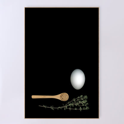 Mayonnaise - An egg with a wooden spoon with mustard seeds and a fresh thyme spring on a black background, 24x36  inches prints, OE-352-4, by CarmenGrenier.com