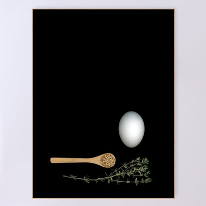 Mayonnaise - An egg with a wooden spoon with mustard seeds and a fresh thyme spring on a black background, 36x48  inches prints, OE-352-5, by CarmenGrenier.com