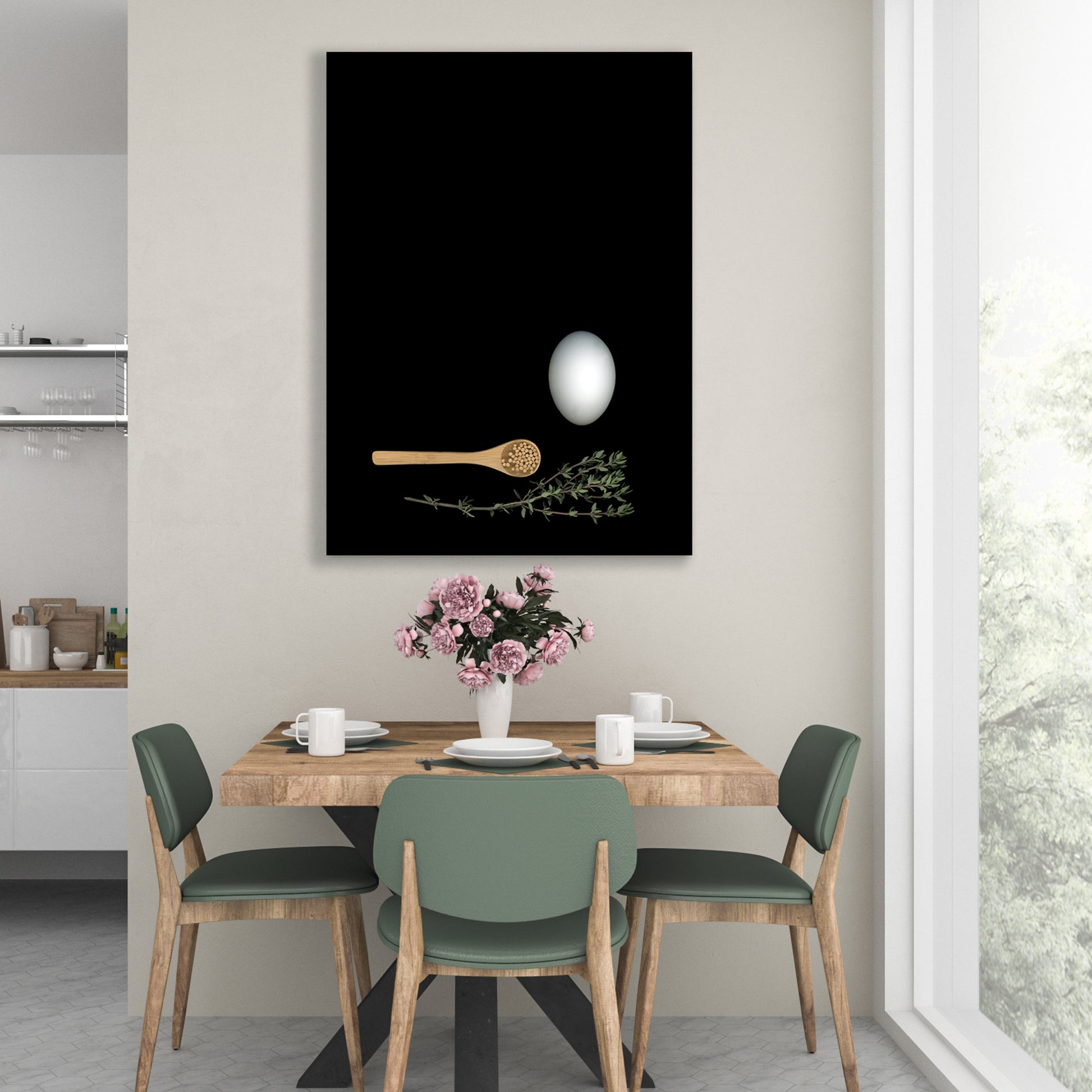 Mayonnaise - An egg with a wooden spoon with mustard seeds and a fresh thyme spring on a black background, 8x10 inches prints in a kitchen setting, OE-352-1, by CarmenGrenier.com