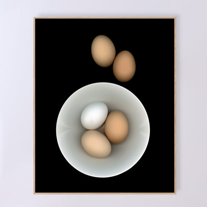 Breakfast anyone? Three eggs in a white bowl with two brown egg on the side on a black background. Open edition 16x20 inches print by Carmen Grenier. OE-353-3