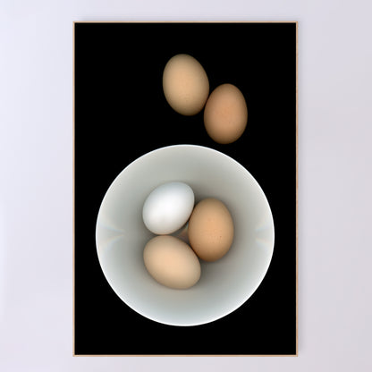 Breakfast anyone? Three eggs in a white bowl with two brown egg on the side on a black background. Open edition 24x36 inches print by Carmen Grenier. OE-353-4