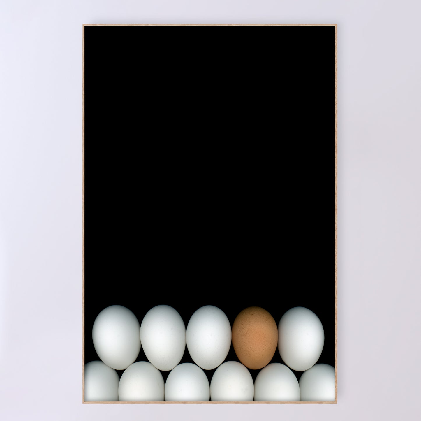 Two rows of white chicken eggs with one brown egg  on a black background. Open edition 24x36 inches print by Carmen Grenier. OE-354-4