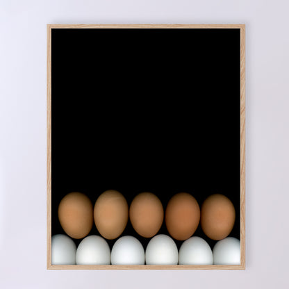 Two rows of chicken eggs one brown row and one white row on a black background in a light beige wood frame. Open edition print by Carmen Grenier. OE-355-1, 8x10 inches.