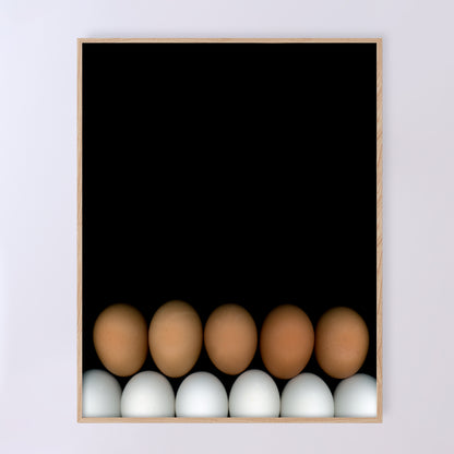 Two rows of chicken eggs one brown row and one white row on a black background in a light beige wood frame. Open edition print by Carmen Grenier. OE-355-2, 11x14 inches.