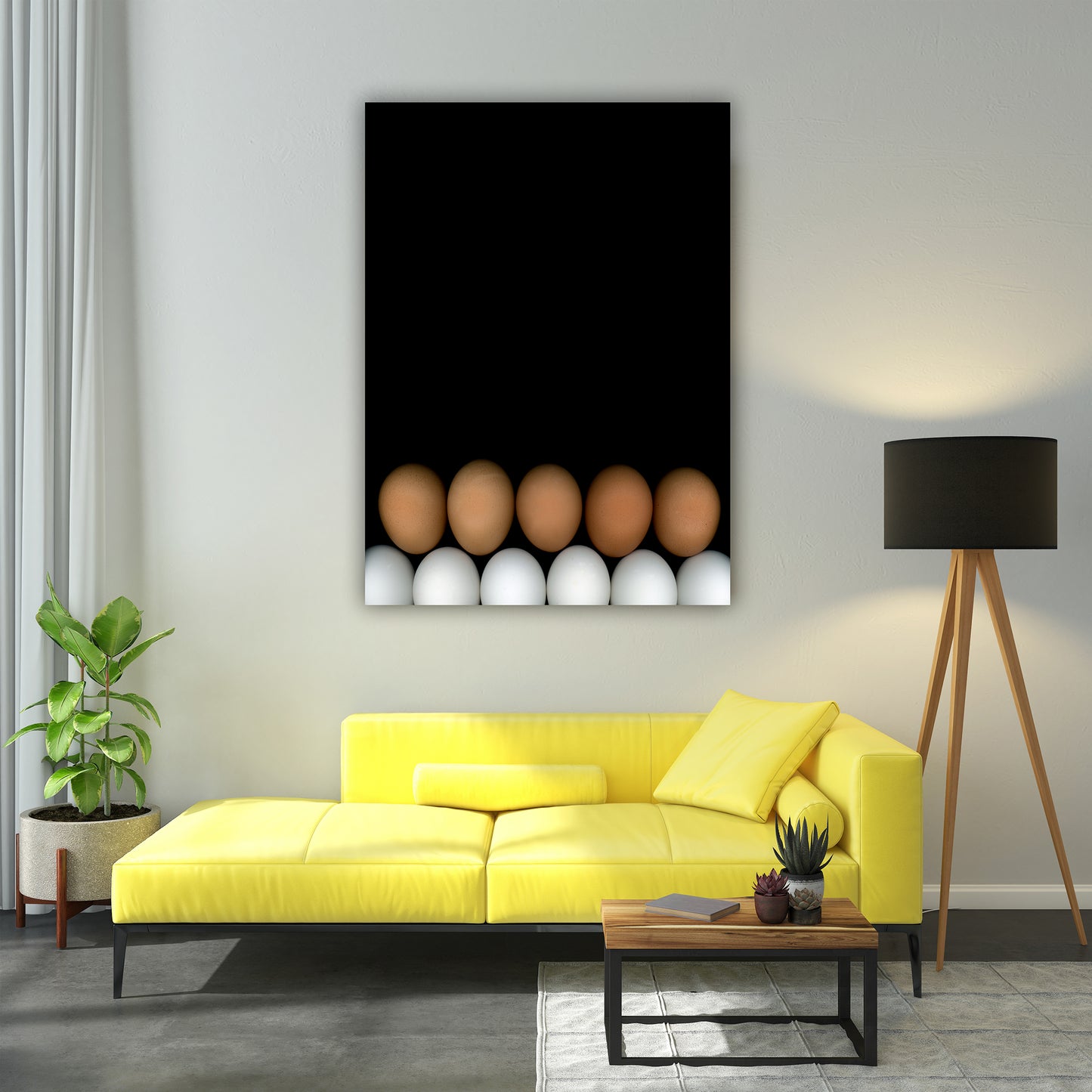 Two rows of chicken eggs one brown row and one white row on a black background in home setting. Open edition print by Carmen Grenier. OE-355