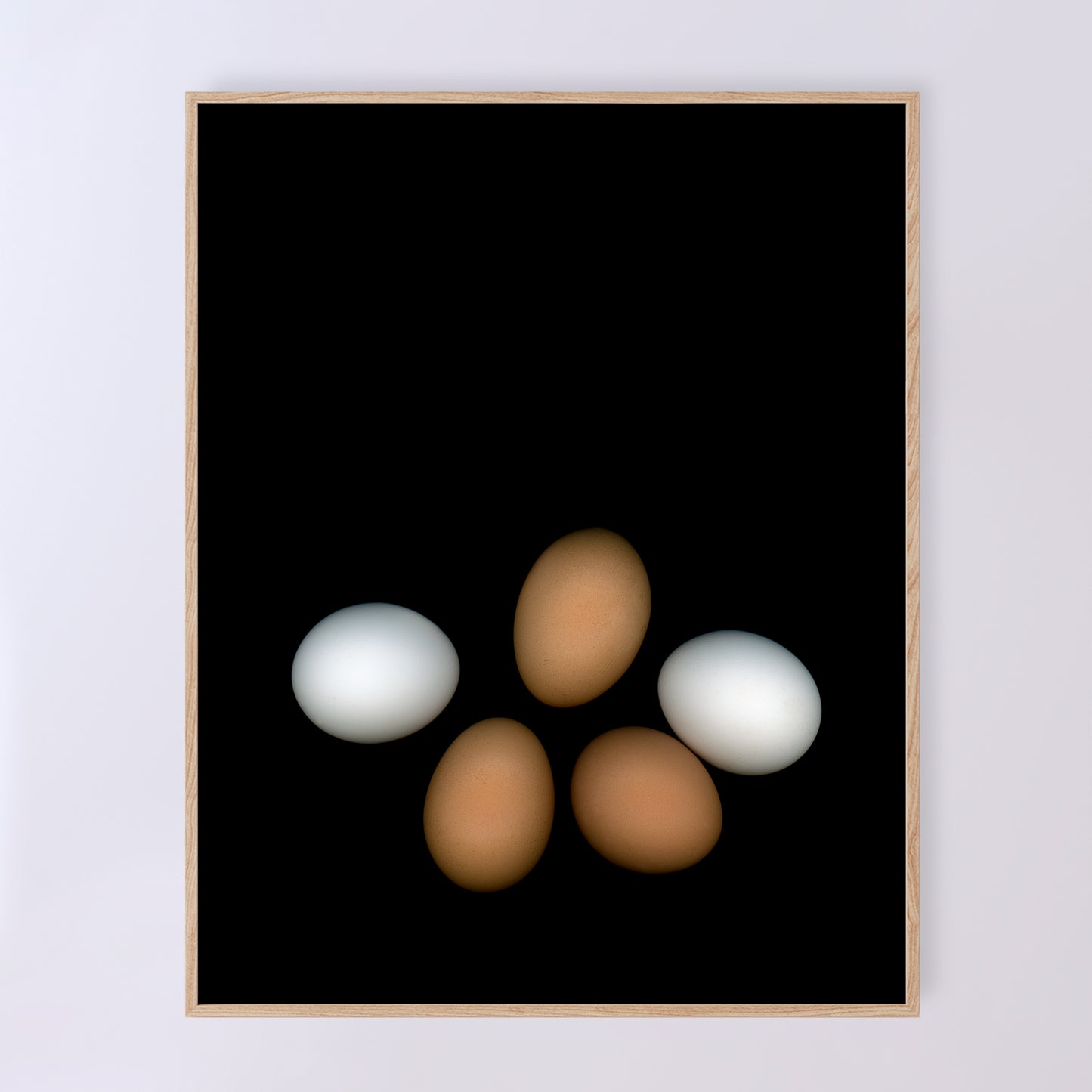 PLayfull display of 5 chicken eggs, three brown and two white on a black background.  356-2 Open edition print 11x14 inches by Carmen Grenier.