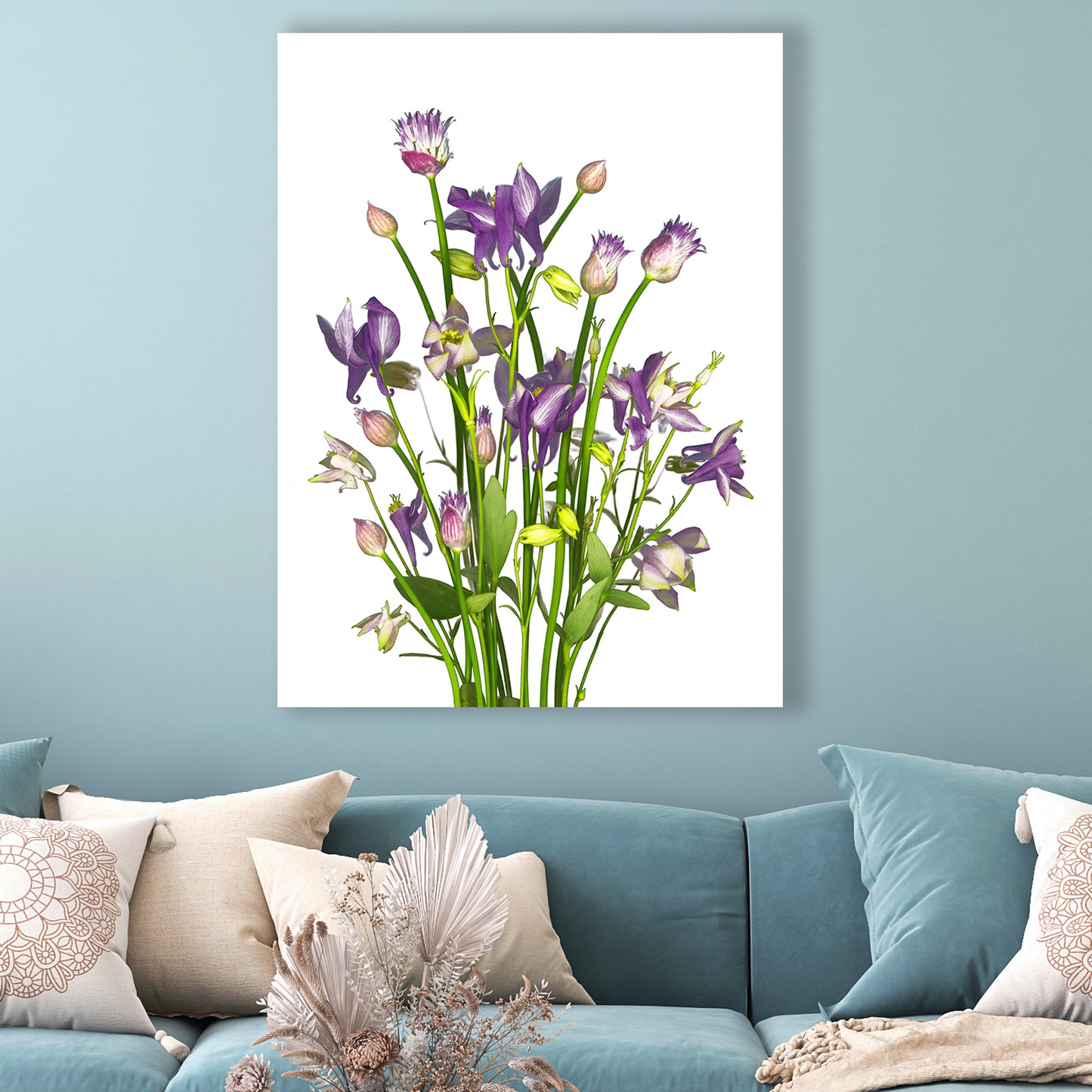 This fine art print features a bouquet of chives and columbines in bloom on a black background. The print measures 24x30 inches and has the code OE-366-6. The image was created using scanography by Carmen Grenier.