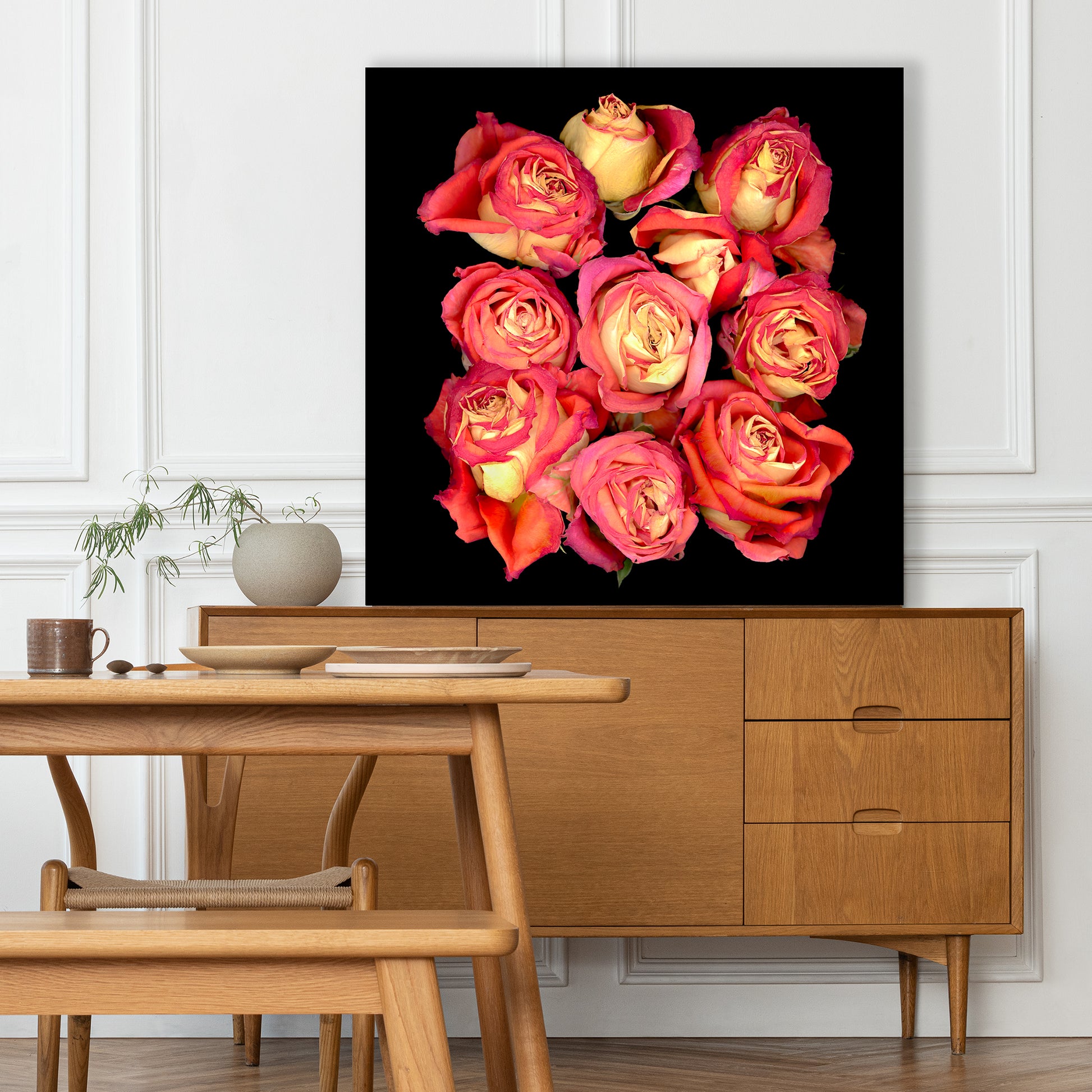 bouquet of pink dried roses flowers on a black background, dining room setting, 36x36 inches, sku code OE-371 36x36, dining room decor, scanography by Carmen Grenier