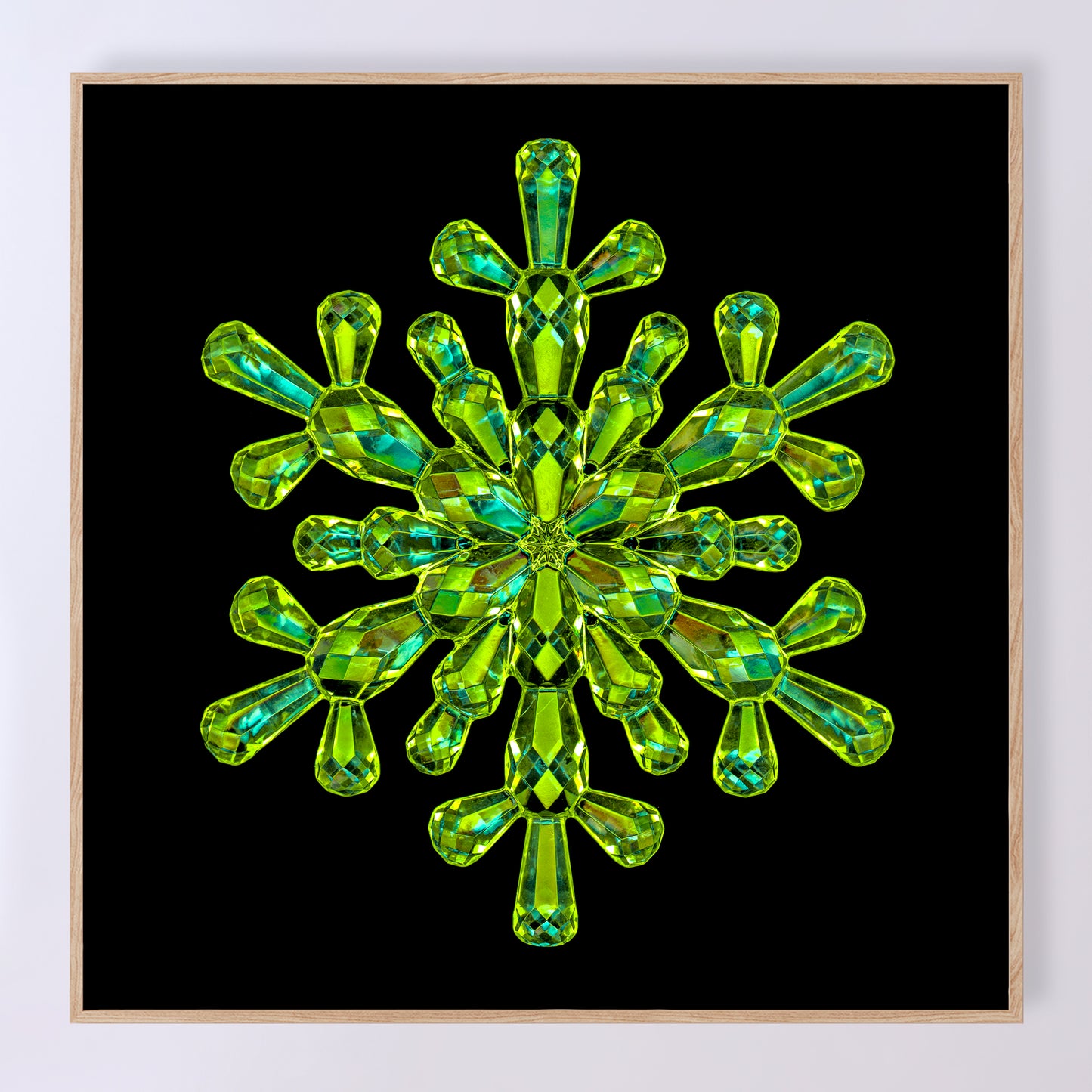 Shimmering crystal snowflake 'Emerald' as a fine art print designed by Carmen Grenier. OE-376-14x14