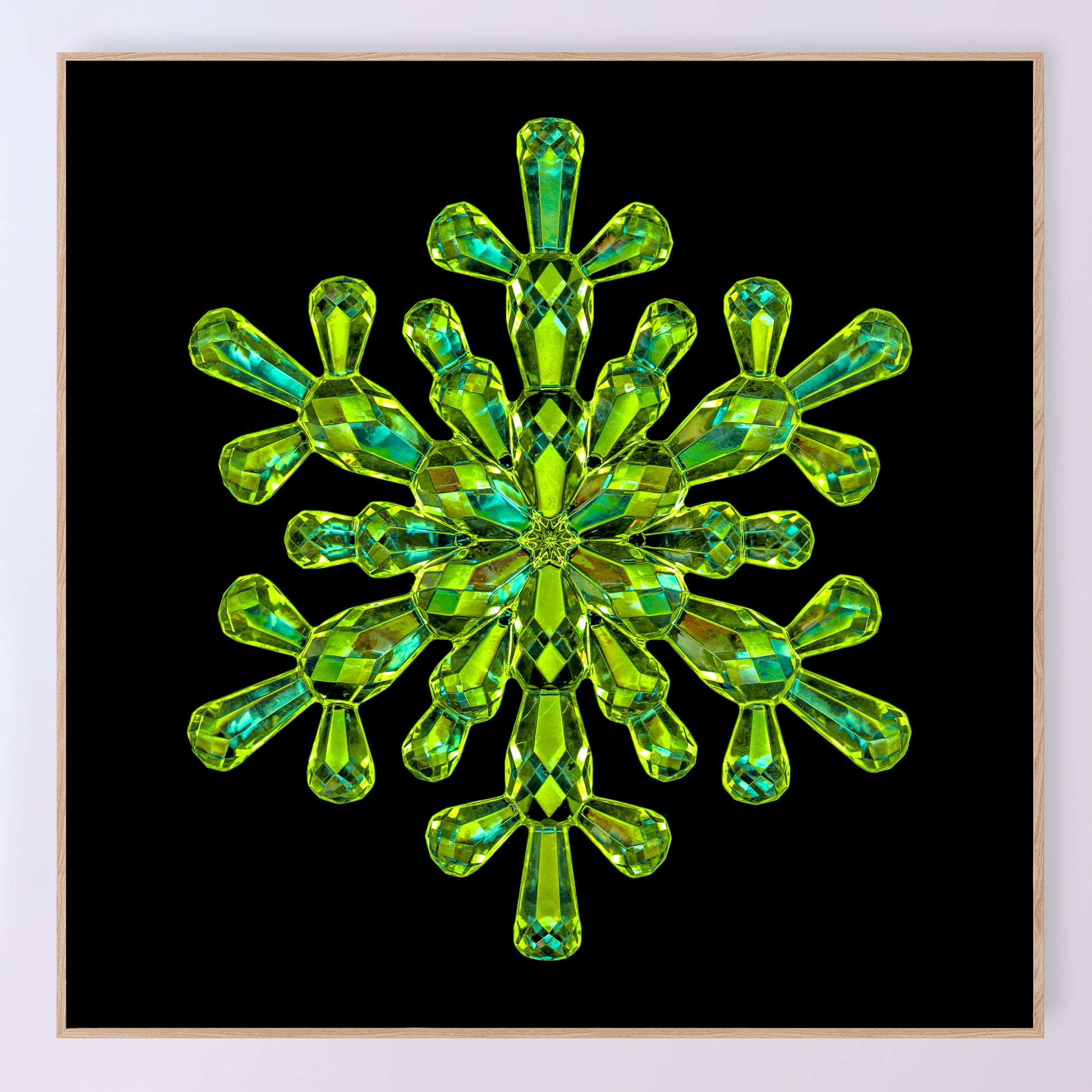 Shimmering crystal snowflake 'Emerald' as a fine art print designed by Carmen Grenier. OE-376-20x20