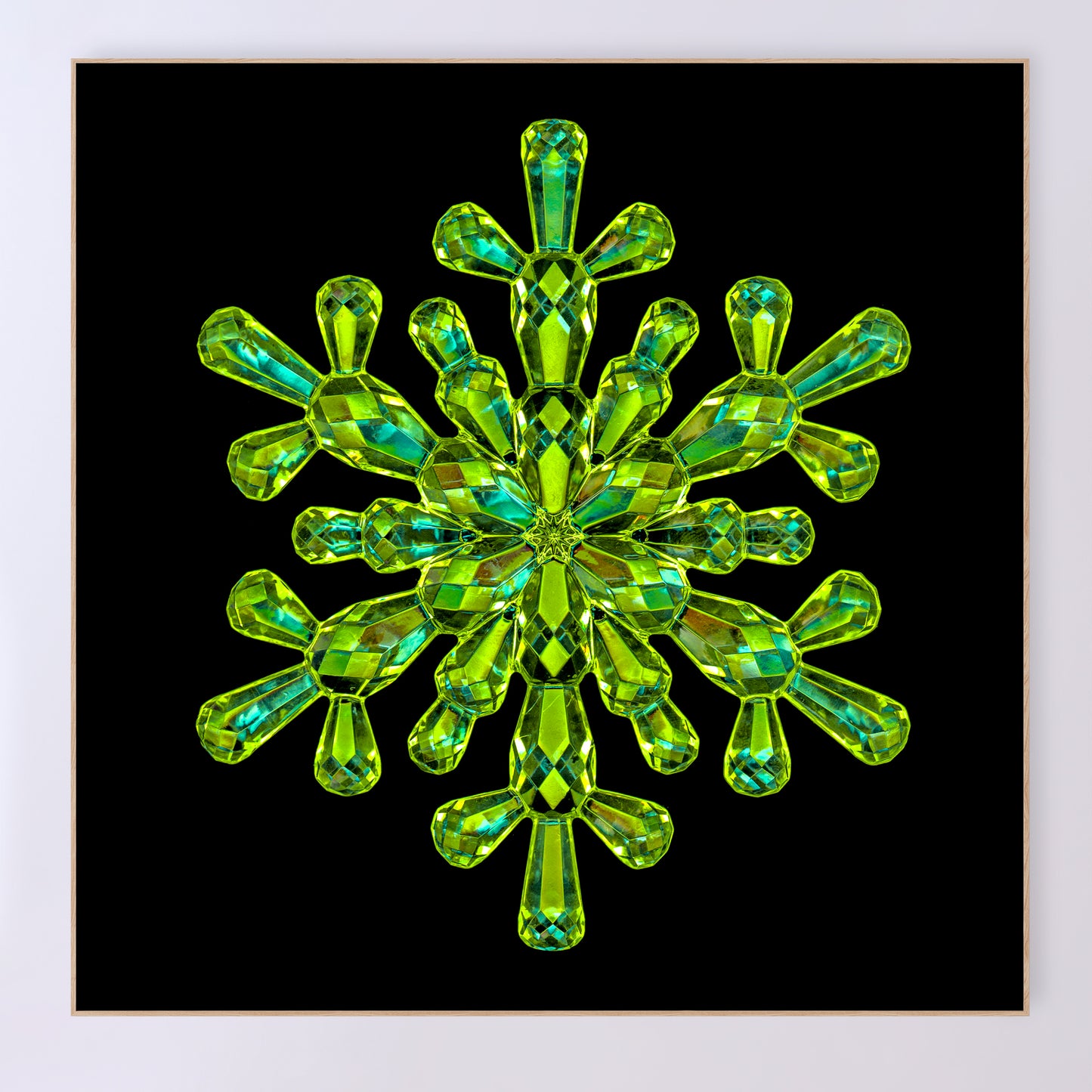 Shimmering crystal snowflake 'Emerald' as a fine art print designed by Carmen Grenier. OE-376-14x14