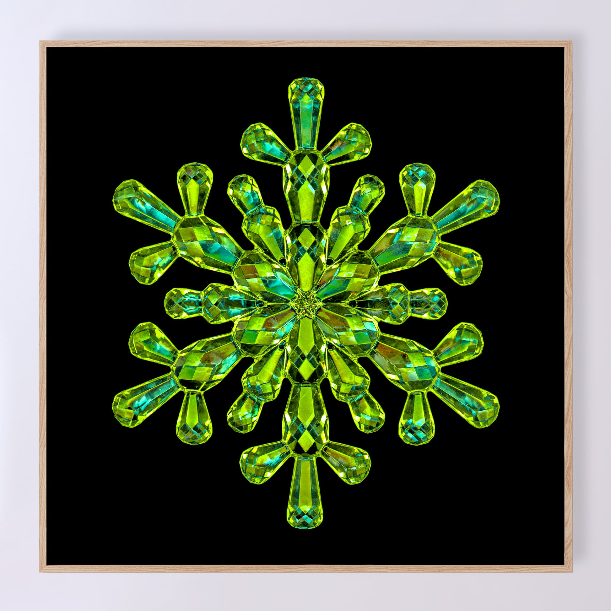 Shimmering crystal snowflake 'Emerald' as a fine art print designed by Carmen Grenier. OE-376-8x8