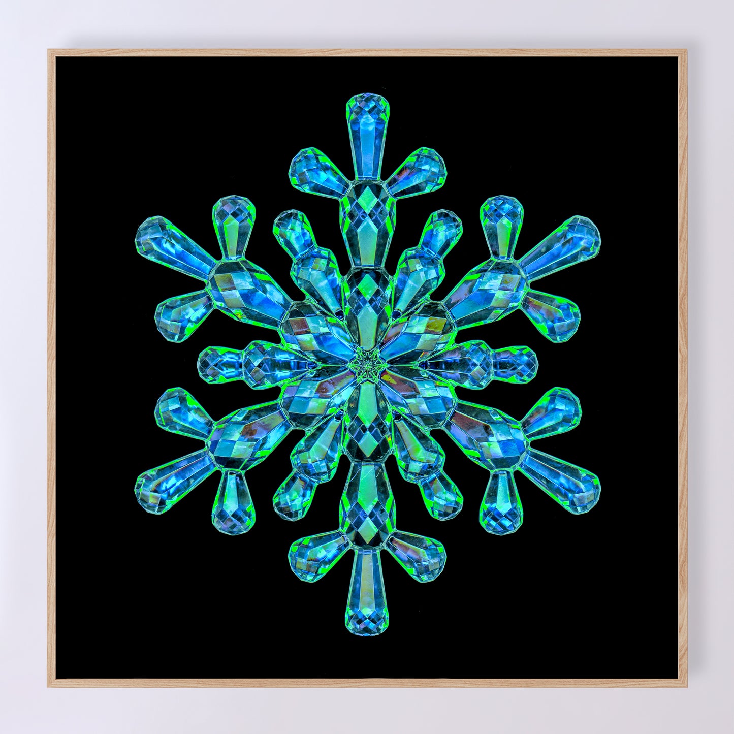 Shimmering crystal snowflake 'Sapphire' as a fine art print designed by Carmen Grenier. OE-378-14x14