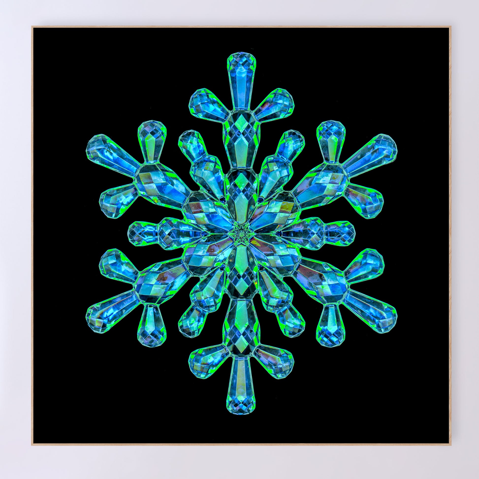 Shimmering crystal snowflake 'Sapphire' as a fine art print designed by Carmen Grenier. OE-378-36x36