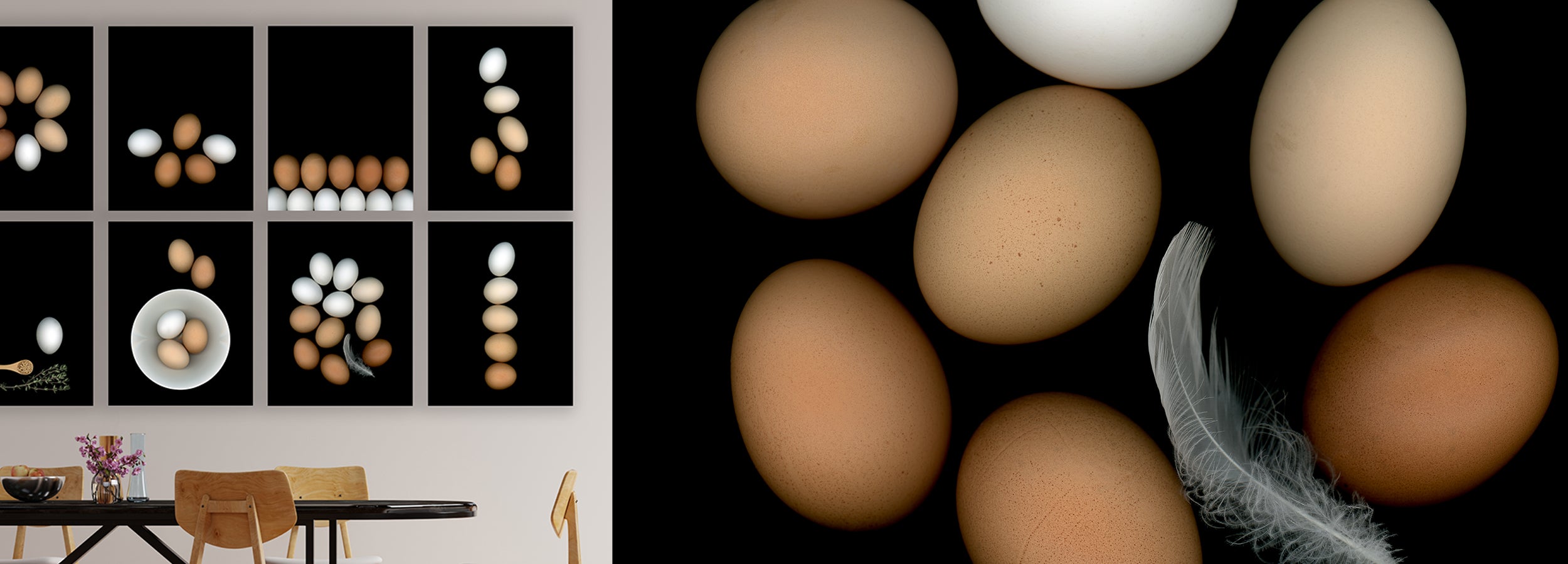 open edition prints egg collection close-up and dining setting by Carmen Grenier