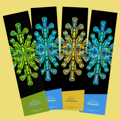 Set of four bookmarks from the Sparkles series on a yellow background. From left to right: the Emerald, Sapphire, Jewel and Ruby. SKU: BK-10